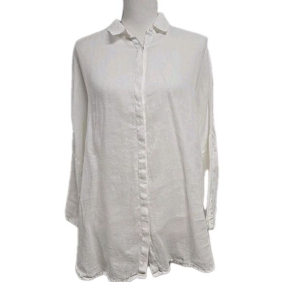 120 Lino 100% Linen Long Sleeve Button Down White Shirt Top Women's Size 46/L - Picture 1 of 11